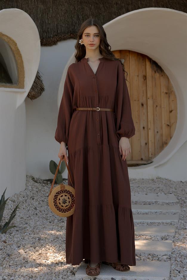 Batwing Sleeve Button Detailed Muslin Casual Dress COFFEE 9330-E