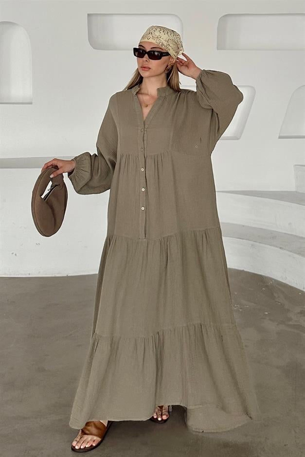 Batwing Sleeve Button Detailed Muslin Casual Dress DRAB 9330-E