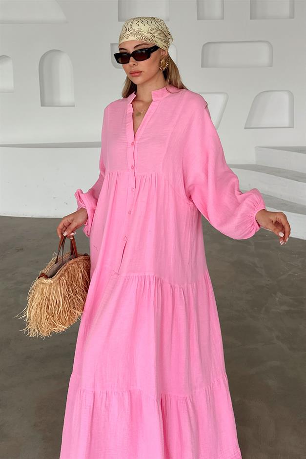 Batwing Sleeve Button Detailed Muslin Casual Dress HORNS 9330-E