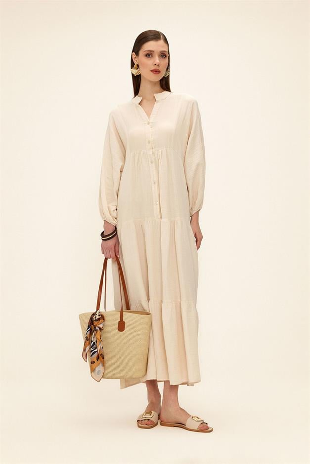 Batwing Sleeve Button Detailed Muslin Casual Dress IVORY 9330-E