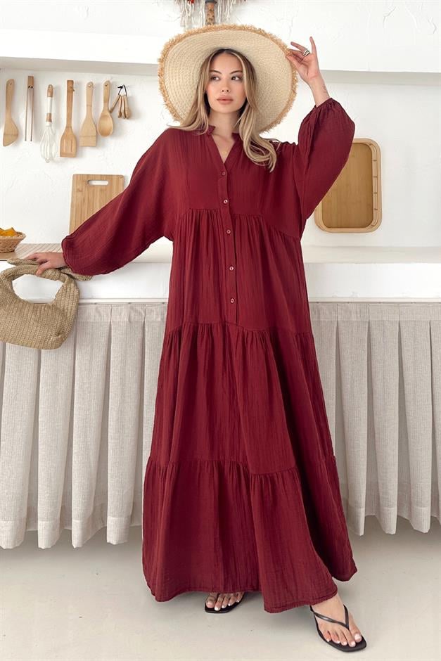 Batwing Sleeve Button Detailed Muslin Casual Dress CLARET RED 9330-E