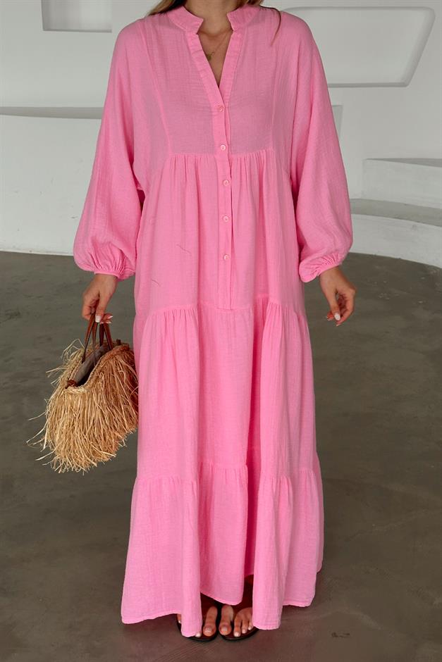 Batwing Sleeve Button Detailed Muslin Casual Dress HORNS 9330-E