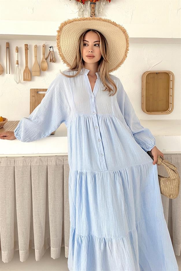 Batwing Sleeve Button Detailed Muslin Casual Dress BLUE 9330-E