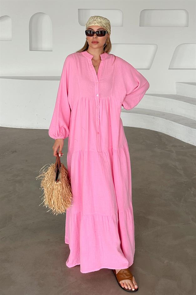 Batwing Sleeve Button Detailed Muslin Casual Dress HORNS 9330-E