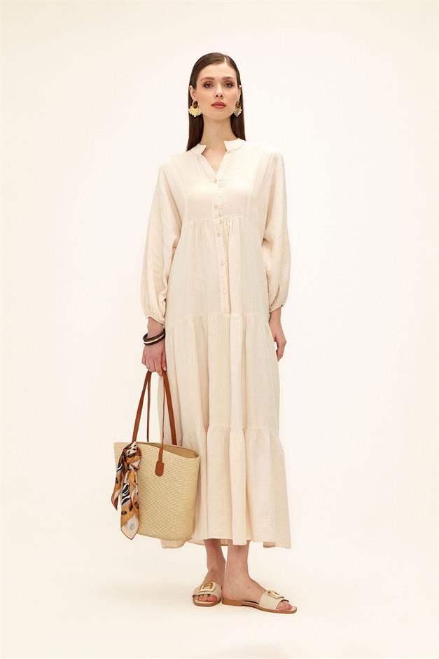 Batwing Sleeve Button Detailed Muslin Casual Dress IVORY 9330-E