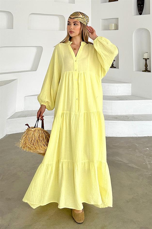 Batwing Sleeve Button Detailed Muslin Casual Dress SARI 9330-E