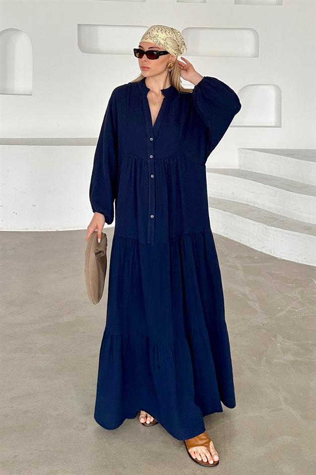 Batwing Sleeve Button Detailed Muslin Casual Dress NAVY 9330-E