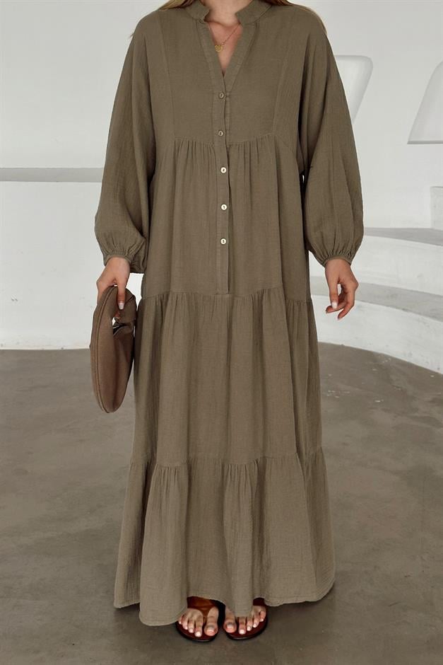 Batwing Sleeve Button Detailed Muslin Casual Dress DRAB 9330-E