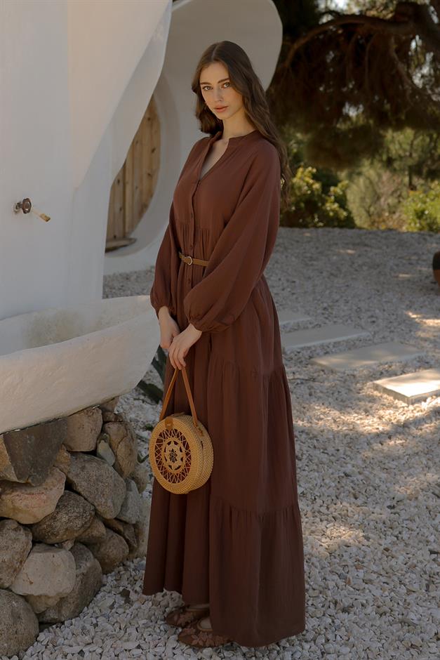 Batwing Sleeve Button Detailed Muslin Casual Dress COFFEE 9330-E