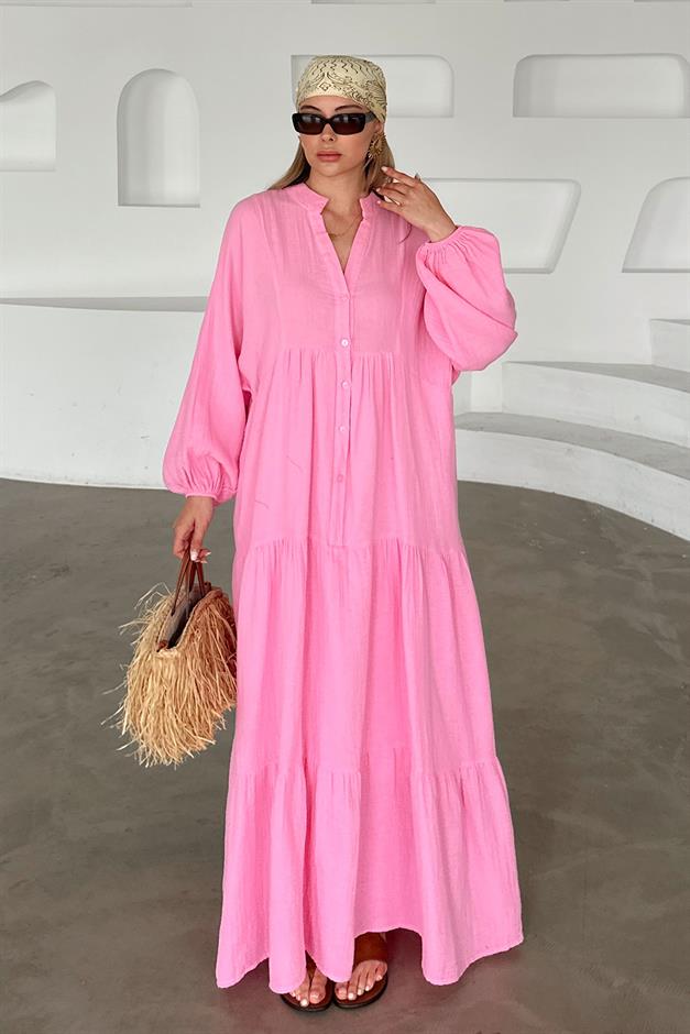 Batwing Sleeve Button Detailed Muslin Casual Dress HORNS 9330-E