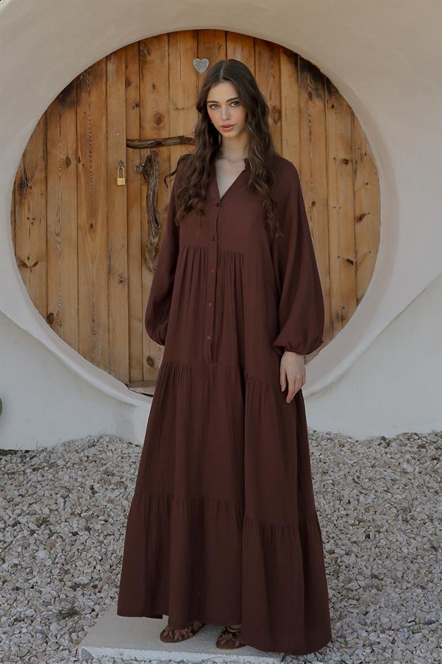 Batwing Sleeve Button Detailed Muslin Casual Dress COFFEE 9330-E