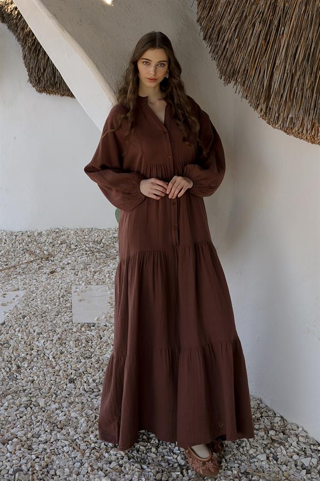 Batwing Sleeve Button Detailed Muslin Casual Dress COFFEE 9330-E
