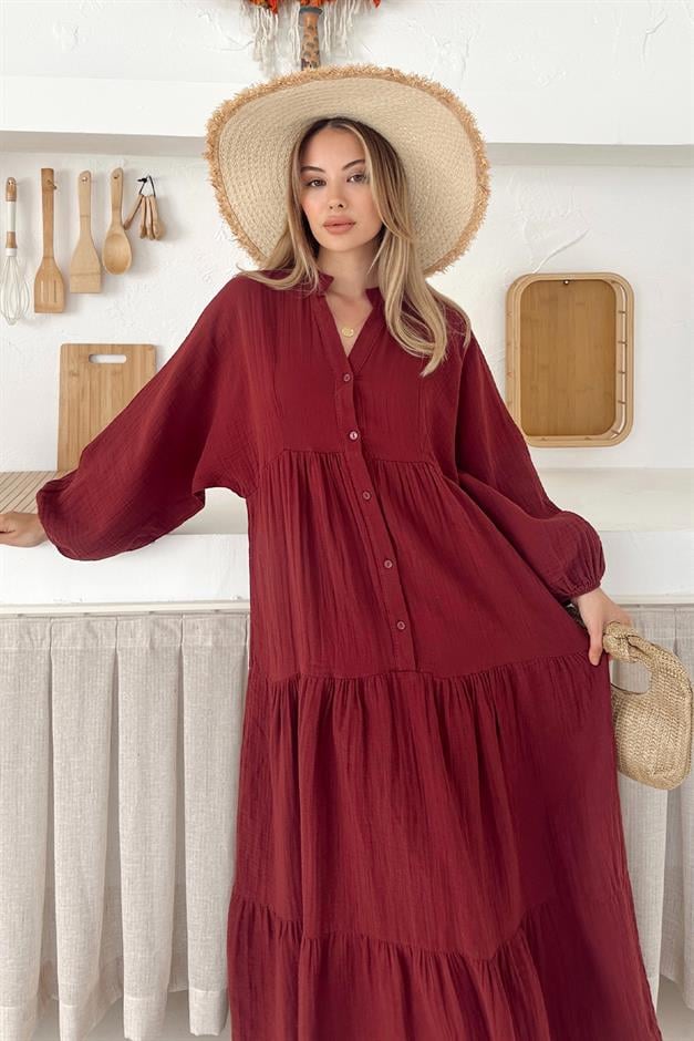 Batwing Sleeve Button Detailed Muslin Casual Dress CLARET RED 9330-E