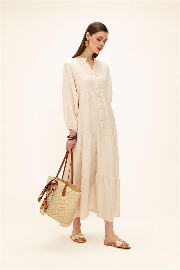 Batwing Sleeve Button Detailed Muslin Casual Dress IVORY 9330-E