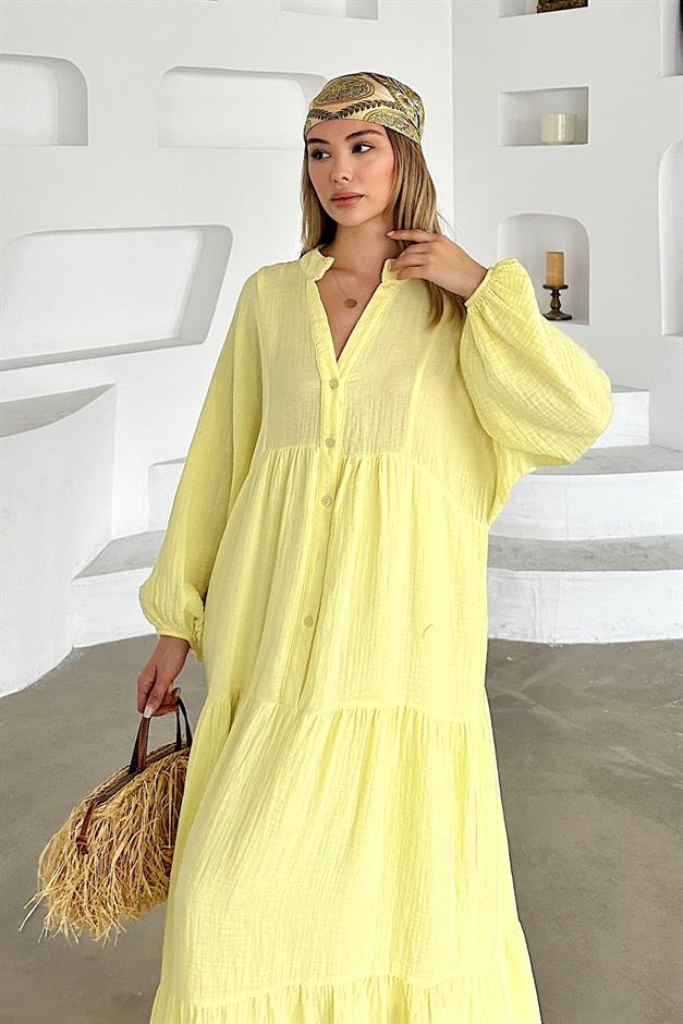 Batwing Sleeve Button Detailed Muslin Casual Dress SARI 9330-E