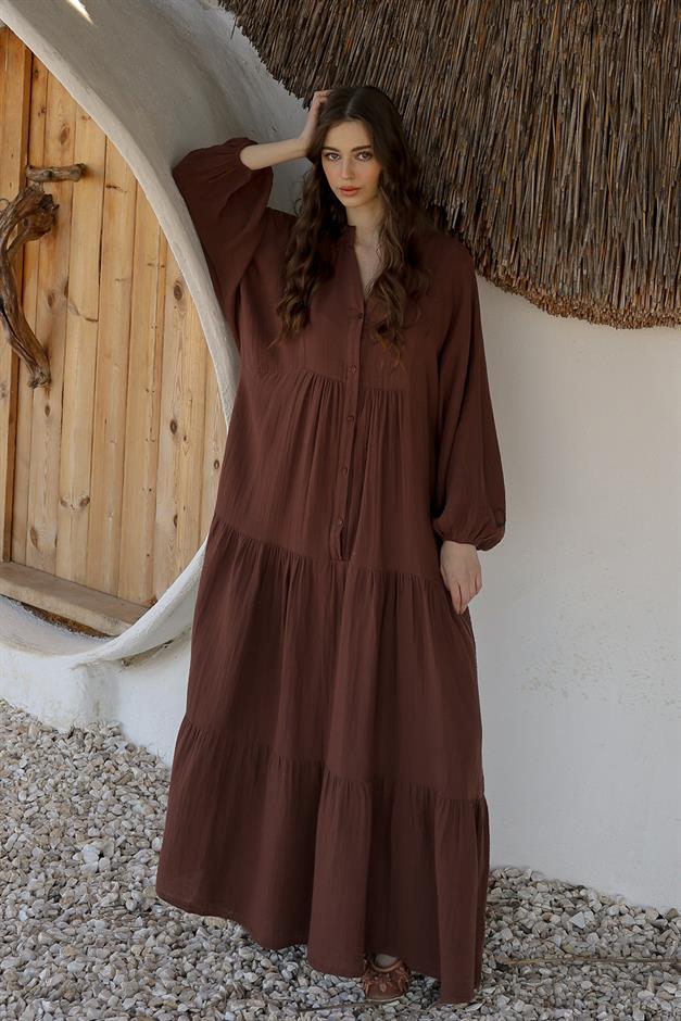 Batwing Sleeve Button Detailed Muslin Casual Dress COFFEE 9330-E