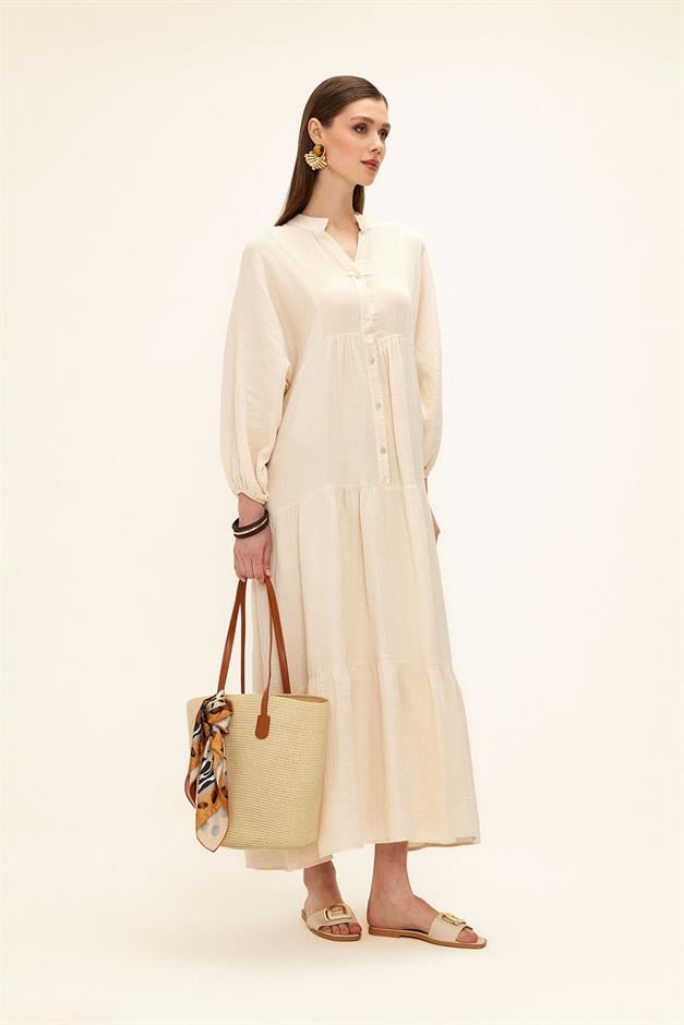 Batwing Sleeve Button Detailed Muslin Casual Dress IVORY 9330-E