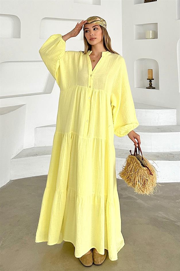 Batwing Sleeve Button Detailed Muslin Casual Dress SARI 9330-E