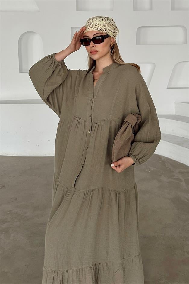 Batwing Sleeve Button Detailed Muslin Casual Dress DRAB 9330-E