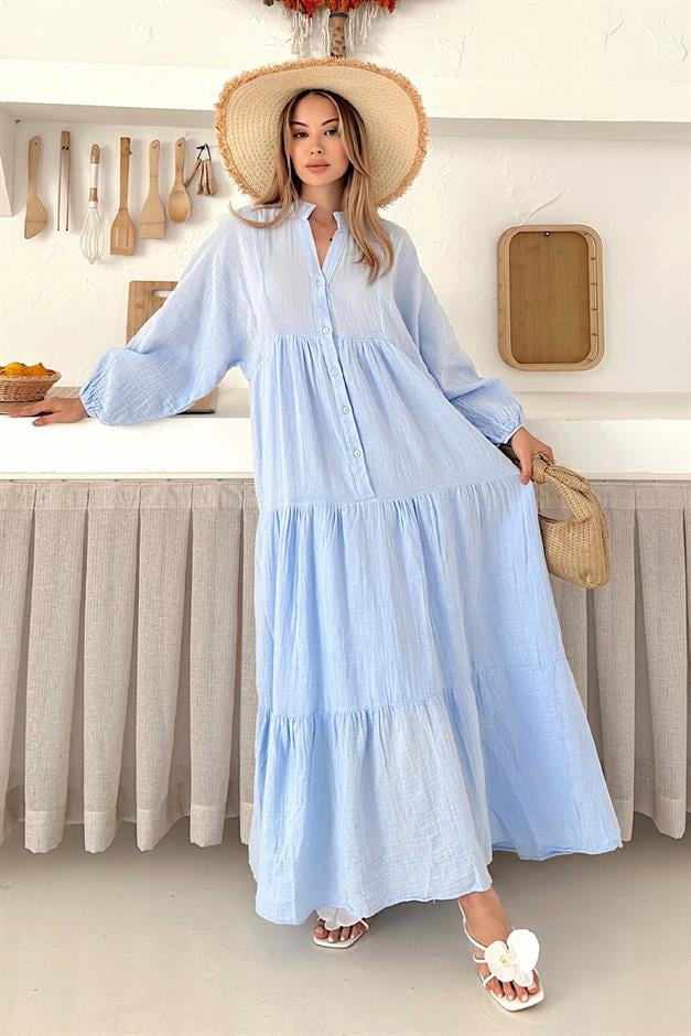 Batwing Sleeve Button Detailed Muslin Casual Dress BLUE 9330-E