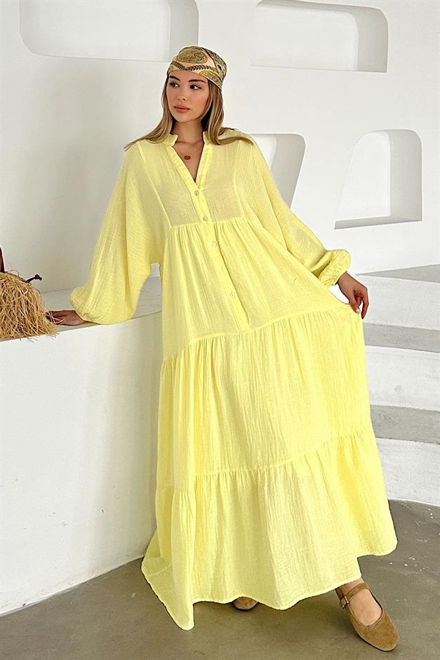 Batwing Sleeve Button Detailed Muslin Casual Dress SARI 9330-E