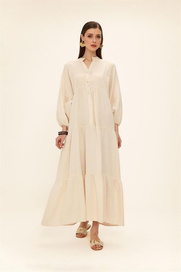 Batwing Sleeve Button Detailed Muslin Casual Dress IVORY 9330-E