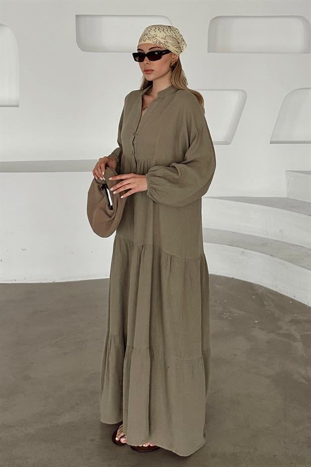 Batwing Sleeve Button Detailed Muslin Casual Dress DRAB 9330-E