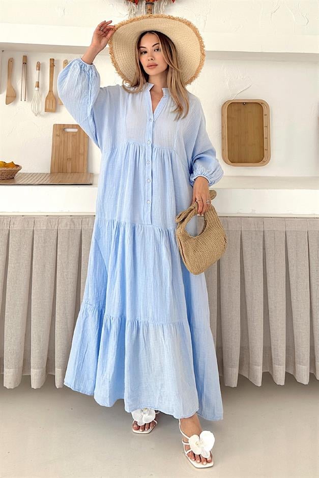 Batwing Sleeve Button Detailed Muslin Casual Dress BLUE 9330-E