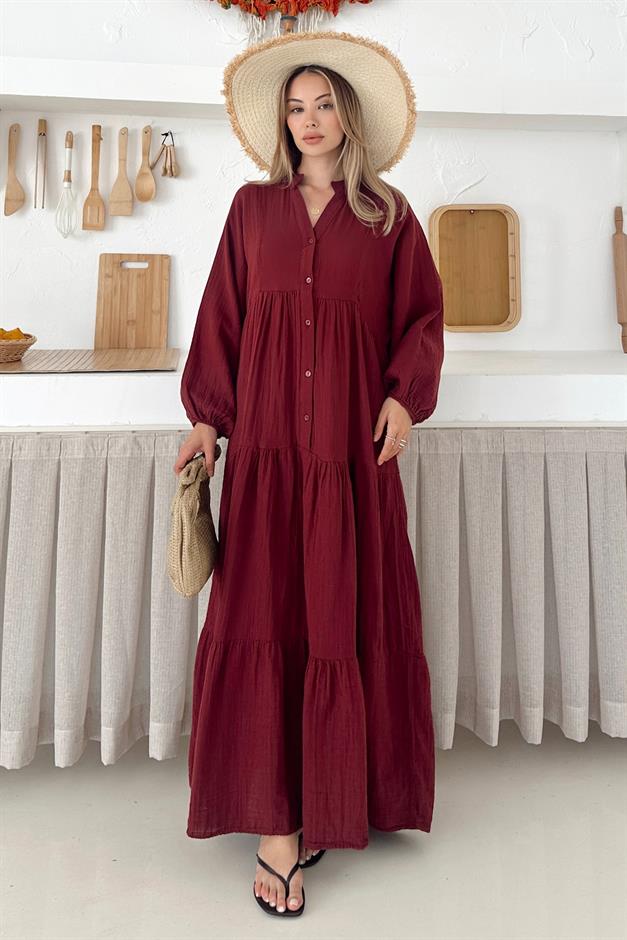 Batwing Sleeve Button Detailed Muslin Casual Dress CLARET RED 9330-E