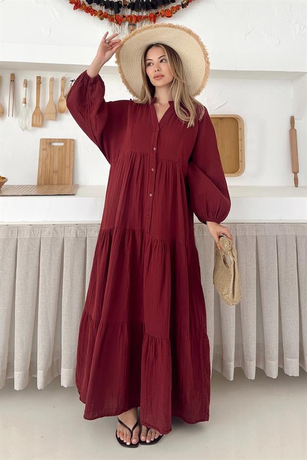 Batwing Sleeve Button Detailed Muslin Casual Dress CLARET RED 9330-E