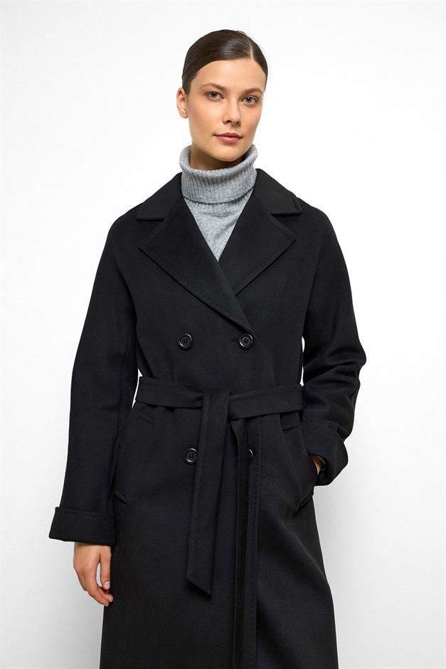 معطف من الكشمير بأكمام خفاش وتفاصيل غرزة منقطة أسود 3101