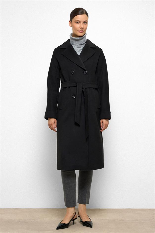 معطف من الكشمير بأكمام خفاش وتفاصيل غرزة منقطة أسود 3101