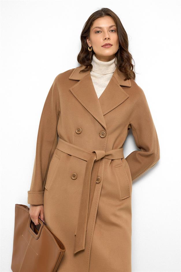 معطف من الكشمير بأكمام خفاش وتفاصيل غرزة منقطة كامل 3101