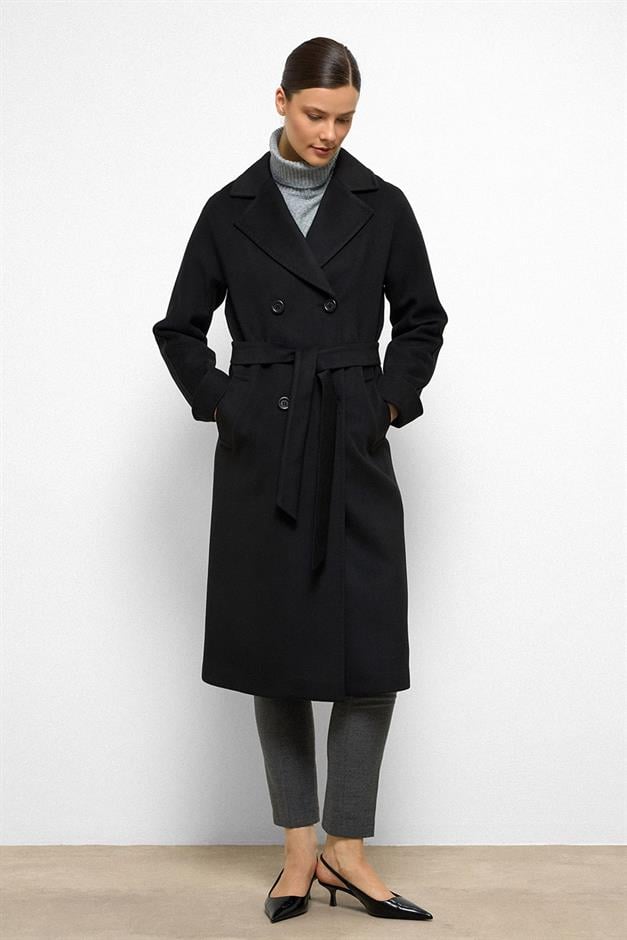 معطف من الكشمير بأكمام خفاش وتفاصيل غرزة منقطة أسود 3101