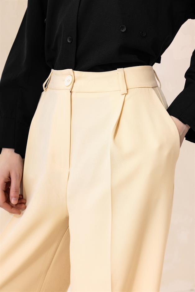 بنطلون بالازو واسع الساق بخصر مرتفع كريم 7577