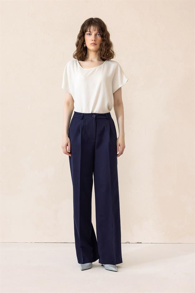 بنطلون بالازو واسع الساق بخصر مرتفع الأزرق الداكن 7577