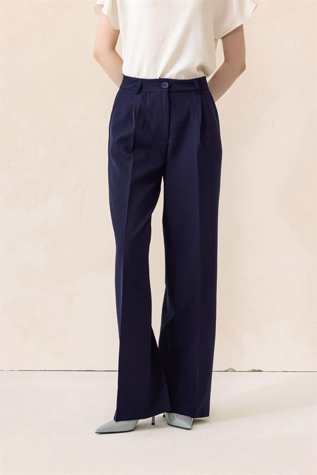 بنطلون بالازو واسع الساق بخصر مرتفع الأزرق الداكن 7577