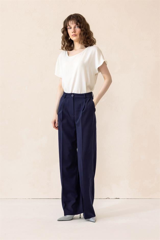 بنطلون بالازو واسع الساق بخصر مرتفع الأزرق الداكن 7577