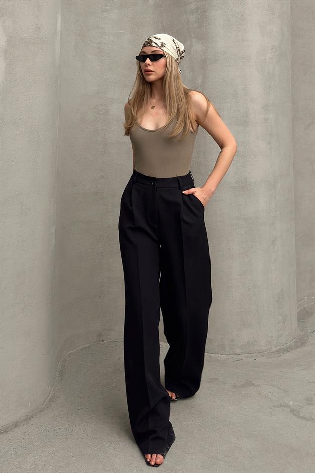 بنطلون بالازو واسع الساق بخصر مرتفع أسود 7577