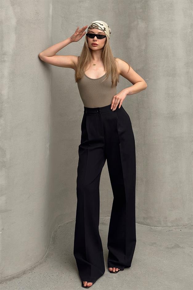 بنطلون بالازو واسع الساق بخصر مرتفع أسود 7577