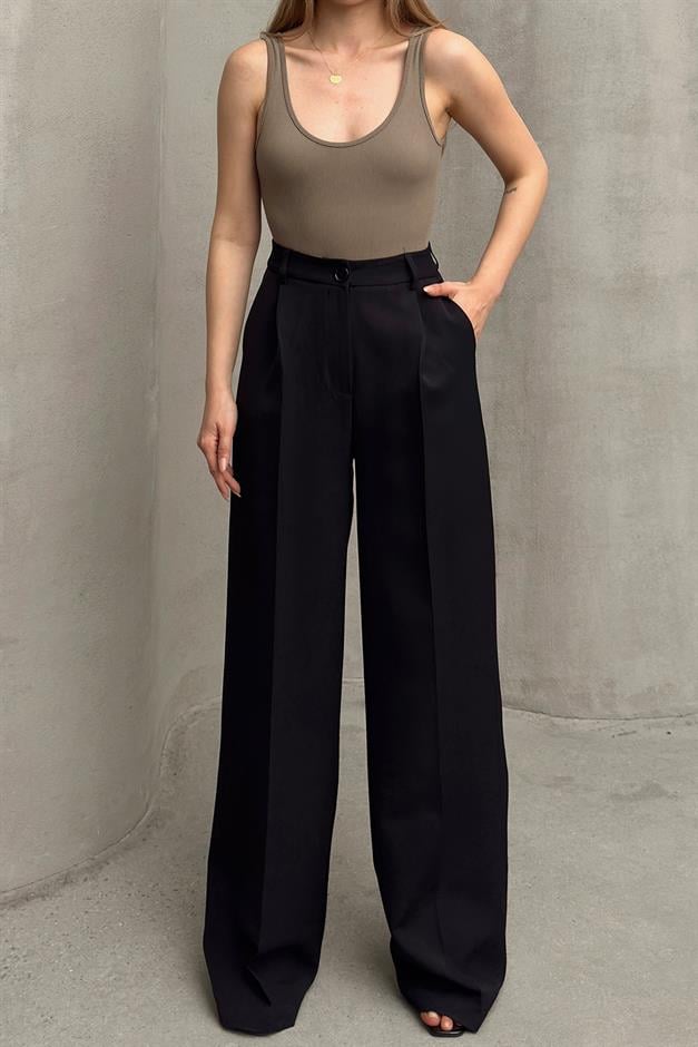 بنطلون بالازو واسع الساق بخصر مرتفع أسود 7577