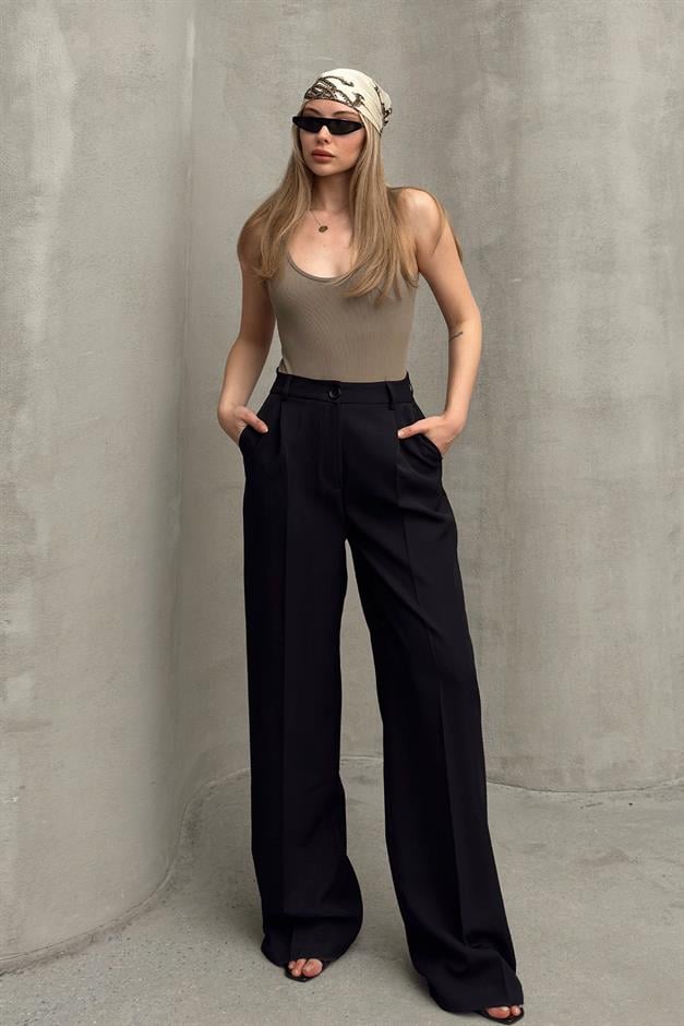 بنطلون بالازو واسع الساق بخصر مرتفع أسود 7577