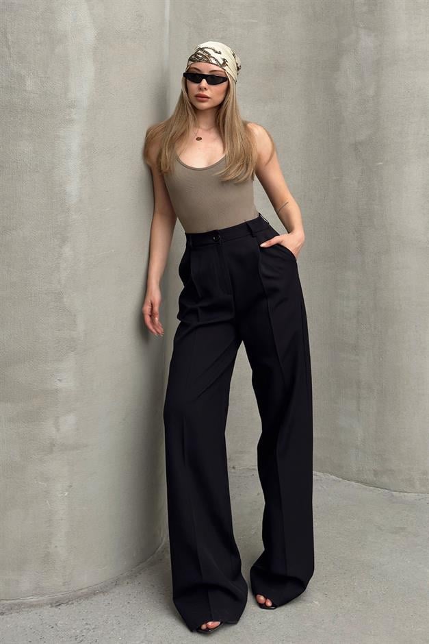 بنطلون بالازو واسع الساق بخصر مرتفع أسود 7577