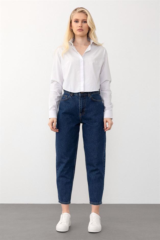 بنطال جينز عالي الخصر بقصّة الجزرة أزرق غامق 7573