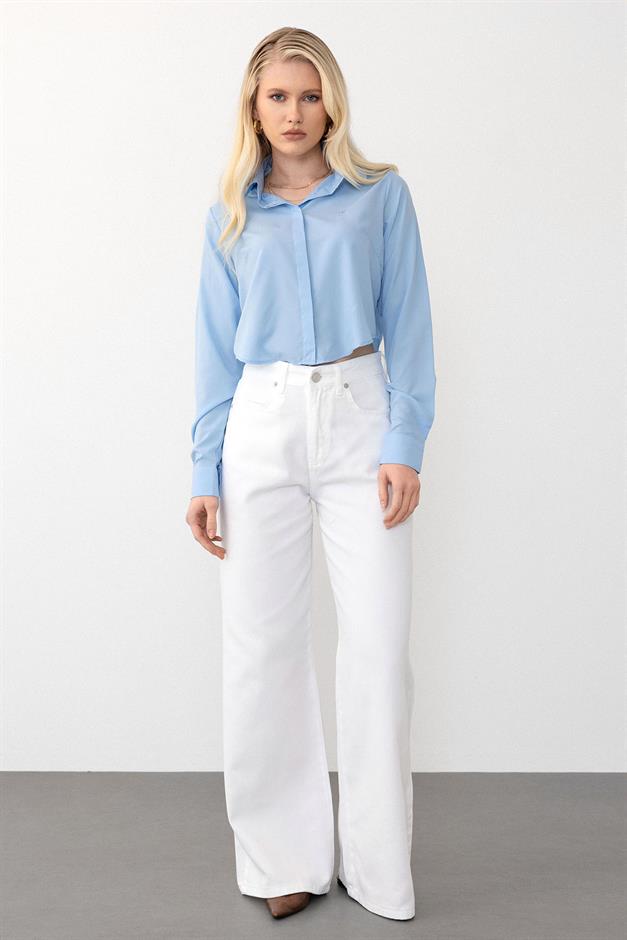 بنطال جينز واسع الساق بخصر مرتفع أبيض 7571