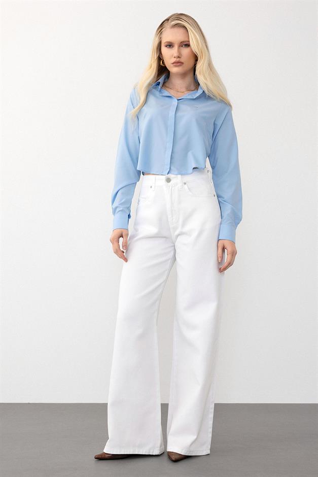 بنطال جينز واسع الساق بخصر مرتفع أبيض 7571