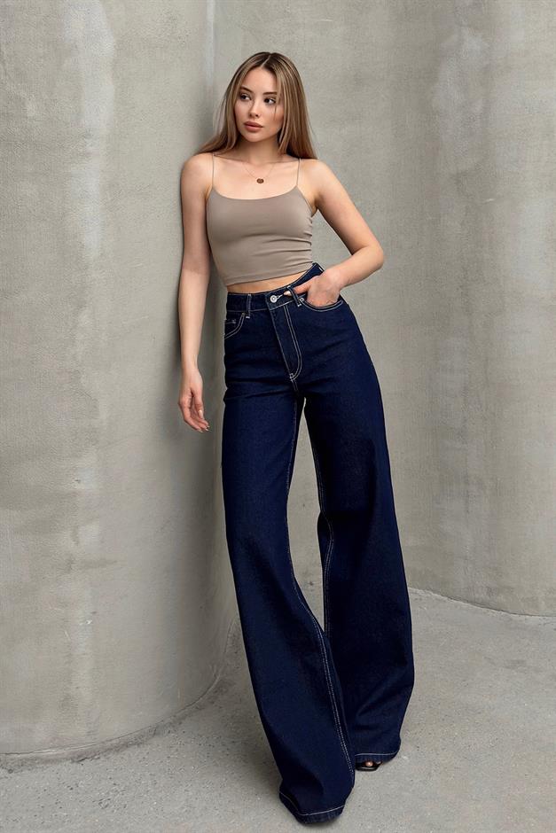 بنطال جينز كاجوال واسع الساق بخصر مرتفع أزرق غامق 7579