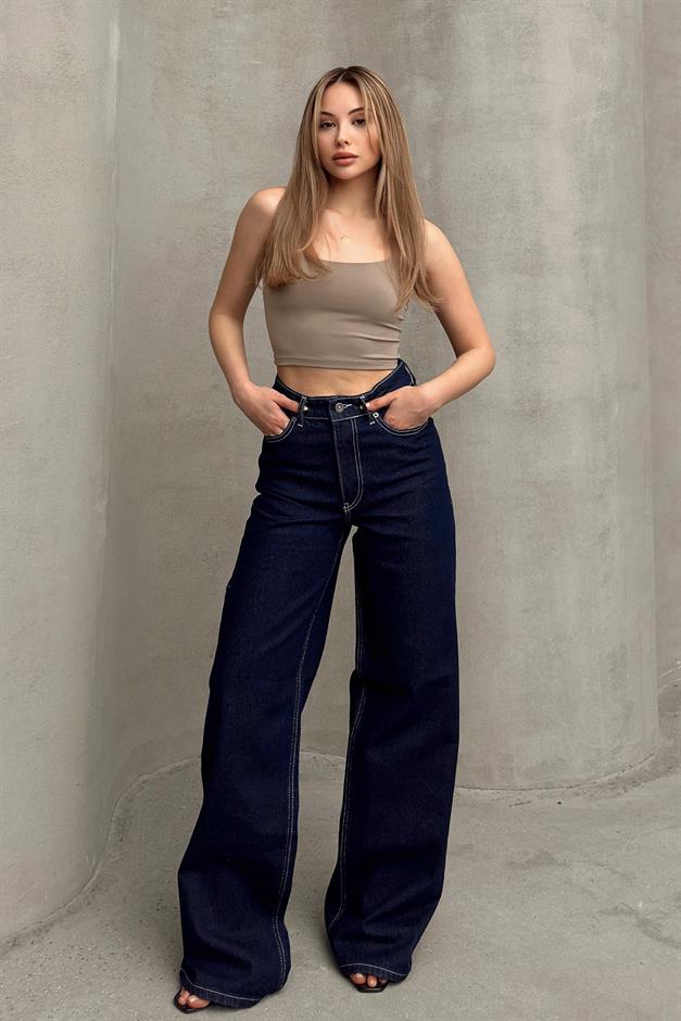 بنطال جينز كاجوال واسع الساق بخصر مرتفع أزرق غامق 7579