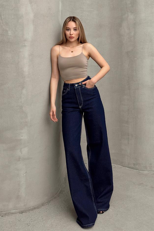بنطال جينز كاجوال واسع الساق بخصر مرتفع أزرق غامق 7579