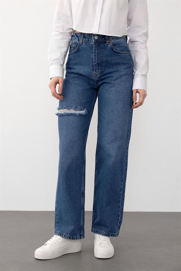 بنطال جينز ممزق واسع الساق وخصر مرتفع أزرق 7575